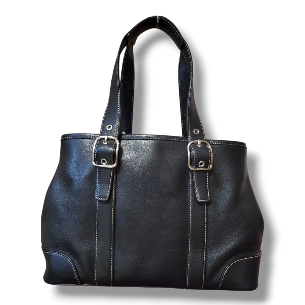 COACH Hampton 7588 Black Leather Satchel Tote Bag Contrasting Stictchung - Picture 4 of 9